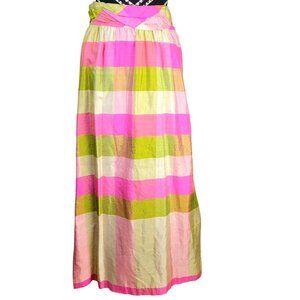 Vintage 70s Colorful Silk Maxi Skirt Women 28 8 Pink Green Formal Spring S check